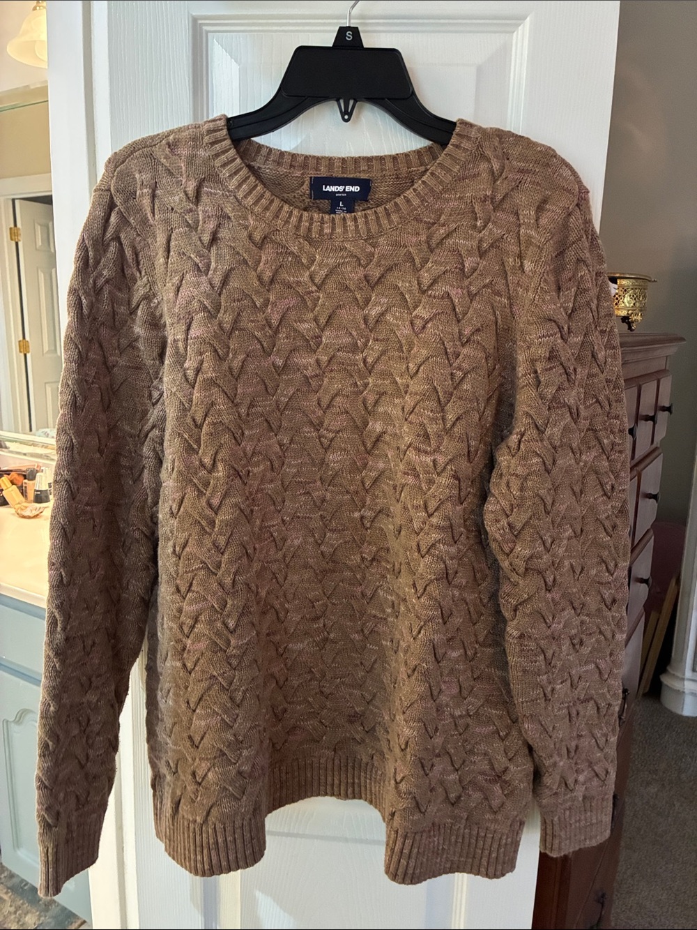 Lands' End Drifter Taupe-Brown Pink Accent Cotton Cable Sweater SZ L